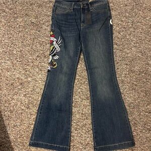 Ed Hardy Dark Blue Flare Jeans with Colorful Embroidery